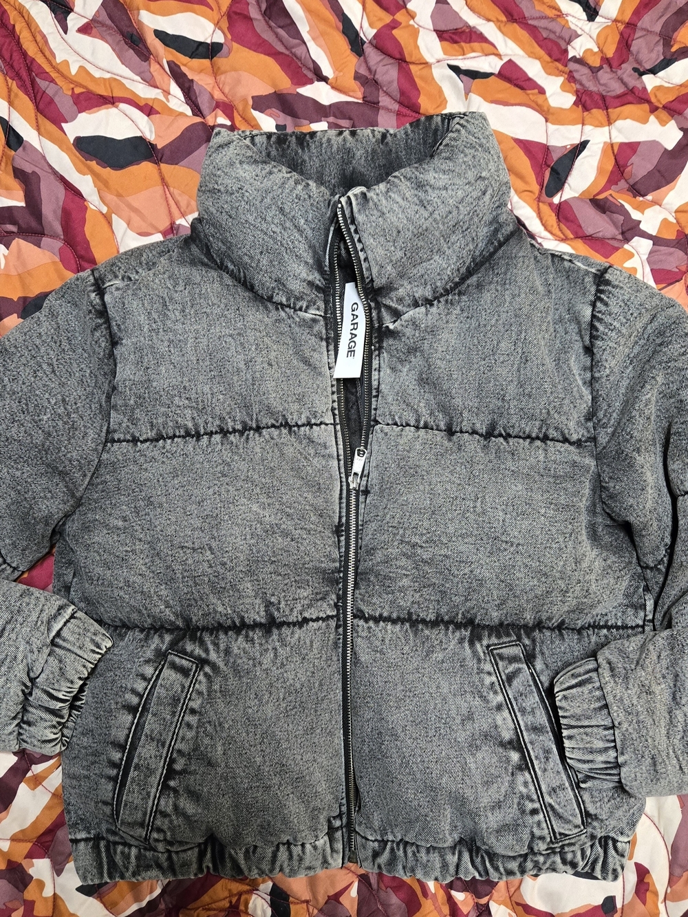 acid-wash grey denim-style puffer jacket from Garage with a high mock collar
